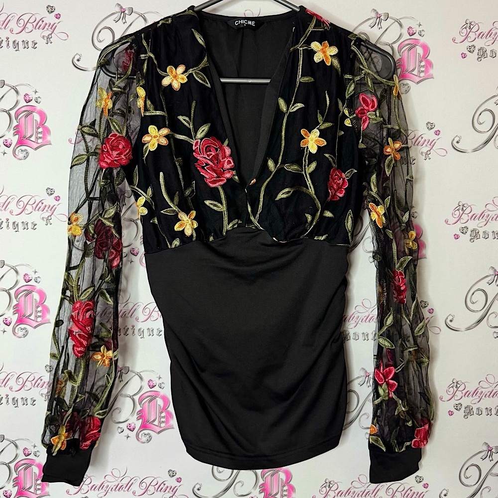 Chicme long sleeve flowers cinch Floral Embroidered Black Top mesh unique